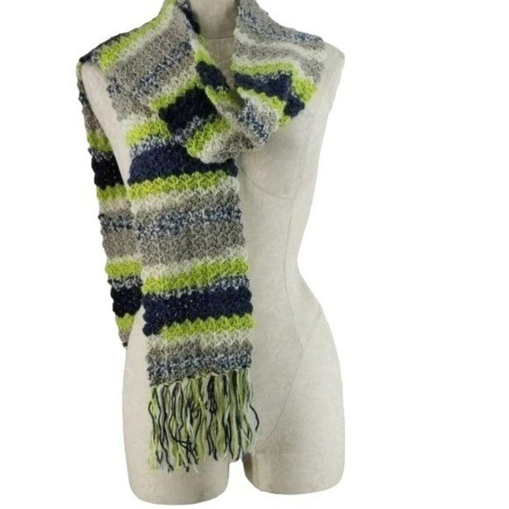 Handmade Crochet Multi color Blue Green Wool Scarf Wrap
